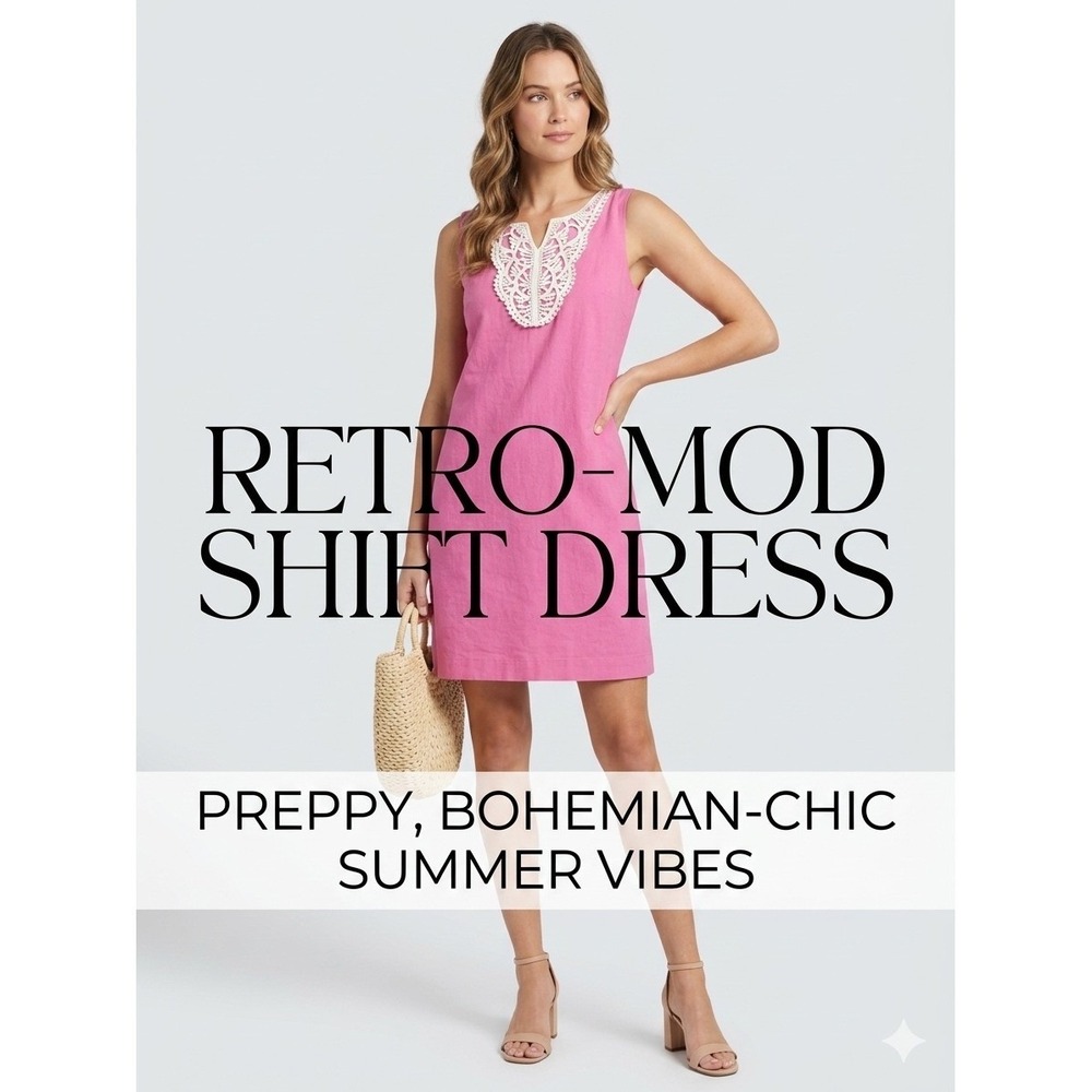 J Howard Pink Shift Dress Retro‎ Mod Crochet Lace Bib Sleeveless Preppy Summer